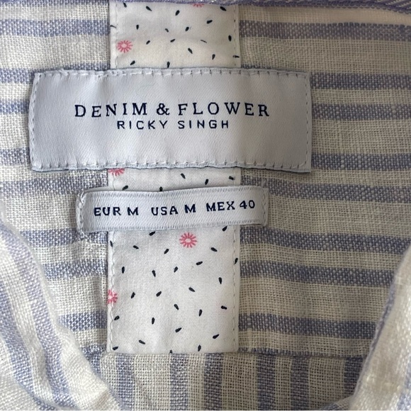 Denim & Flower Ricky Singh 100% Linen Striped Shirt Men’s Size M Roll Tab Sleeve - Picture 8 of 9